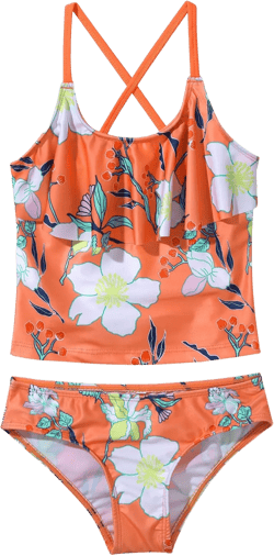 Kids Girls 2 Piece Tropical Print Tankini Sets Bathing Suit Spaghetti Strap Ruffles Hawaii Swimsuit 12 Years Orange