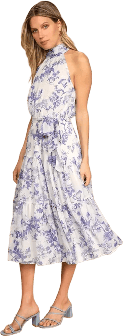 Float to You White Floral Print Halter Tiered Midi Dress