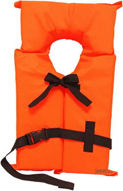 Hardcore Coast Guard approved life jackets. Type II keyhole life vest in classic May West style. Compliance flotation device. Neon Orange Youth