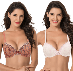Curve Muse Women's Plus Size Add 1 Cup Push Up Underwire Lace Embroidery Bras 34DD Butter Milk, Mecca Orange(2 Pack)