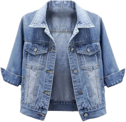 Women's Short Denim Jacket Button Closed 3/4 Sleeve Jean Jacket Trucker Coats With Pockets Medium Light Blue