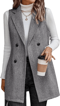 SEMATOMALA Wool Blend Long Vest for Women Sleeveless Tweed Blazer Jacket Longline Cardigan Outerwear Medium Gray