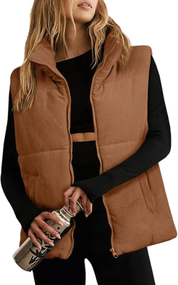 Women Quilted Puffer Vest Sleeveless Jacket Zip Up Stand collar Lightweight Outerwear with Pocket 2025 Trendy Corduroy Brown Medium