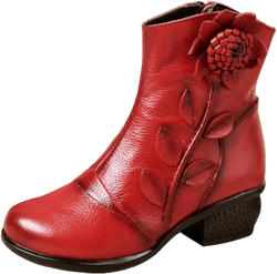 Women's Leather Mid Calf Half Boots Ethnic Floral Round Toe Block Low Heel Ankle Booties with Side Zipper