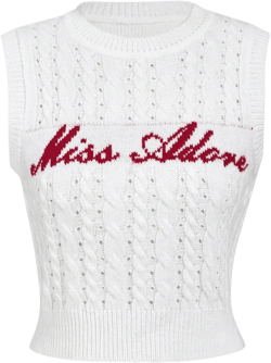 Women's Cable Knit Sweater Vest Crewneck Sleeveless Letter Print Graphic Knit Tops Small White