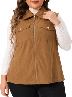 Agnes Orinda Plus Size Utility Vest for Women Corduroy Sleeveless Lapel Zipper Lightweight Jackets Vests 1X Brown