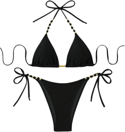 GORGLITTER Women's String Bikini Bead Triangle Swim Top and Tie Side Thong Cheeky Bathing Swimwear Small Black