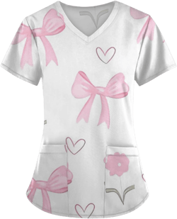 Women Scrub Tops Bow Printed Short Sleeve V Neck Medical Shirts Plus Size Stretchy Nursing Uniform with Pockets: Clothing, Shoes & Jewelry