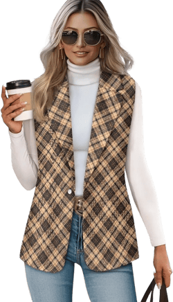 Women's Sleeveless Vest Casual Trendy 2025 One Button Open Front Blazer Suit (Available in S-5XL Size) Yellow Scottish Plaid Large