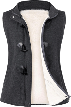 Gihuo Women's Sherpa Lined Fleece Vest Horn Toggle Zip Up Sleeveless Coat Winter Warm Padded Jacket Waistcoat(DarkGrey-S)
