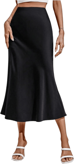 MakeMeChic Women's Bodycon Midi Skirt Satin Flared Hem Ruffle Elegant High Waist Skirts X-Small Black
