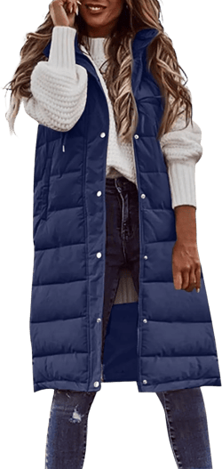 Gumipy Long Puffer Vest Women Plus Size Sleeveless Quilted Jackets Button Down Hooded Puffer Jacket Winter Coats with Pockets B-navy 4X-Large