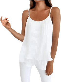 Summer Tank Tops Women Cute Spaghetti Strap Babydoll Tops Chiffon Pleated Flowy Tunics Loose Dressy Cami Beach Shirts