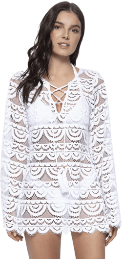 PQ Swim Women's Noah Water Lily Tunic Cover-Up - Scalloped Hem, Lace Up Front Tie Medium-Large White