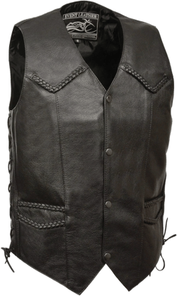EL1314GO Classic Black Braided Motorcycle Leather Vest for Men - Riding Club Adult Motorcycle Vests 3X-Large Black