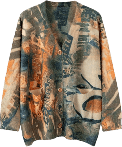 Women’s V Neck Oversized Cat Print Cardigan, Boho Patchwork Knit Sweater Long Sleeve Button Front with Pockets Medium My03 as Picture
