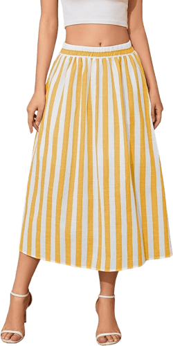 Women's Trendy Summer Casual Pleated Striped Maxi Flared Beach Skirt High Waist A-Line Flowy Midi Skirts Long Dresses Yellow XX-Large