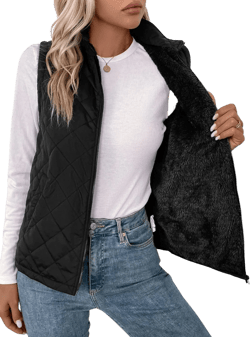 Verdusa Women's Sleeveless Zip Up Quilted Vest Jacket Fleece Lined Outerwear Large Black