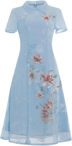 Summer Vietnamese Ao Dai Traditional Dress Cheongsam Young Medium Length Chinese Dress Qipao for Women Large Blue