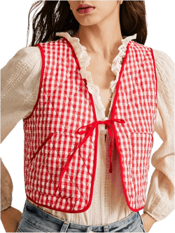 MakeMeChic Women's Plaid Gingham Quilted Vest Tie Front Sleeveless Crop Puffer Jacket X-Small Red and White