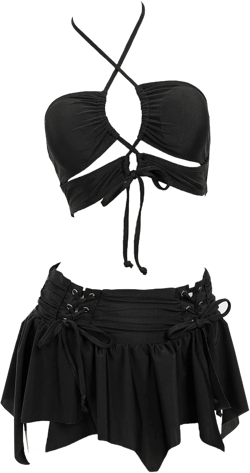 MEOWCOS Gothic Bat Pink Bikini Set Swimsuit Heart Buckle Halter Lace-up Top and Triangle Panty Bathing Suit Swimwear Small Black