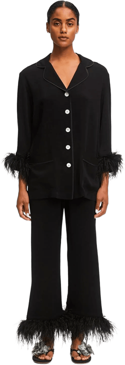 Women’s Party Pant Suit with Feathers – Elegant Dressy Suit for Wedding Guests, Club Nights & Holiday Celebrations Small Black