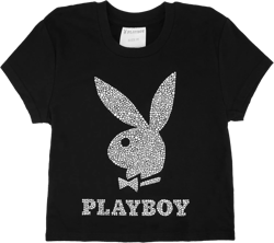 Playboy Womens Soft Cotton Blend Babydoll Tee Shirt with Faux Rhinestone Print Or Glitter Sizes S-XL Medium Short Black With Faux Rhinestone Bunny