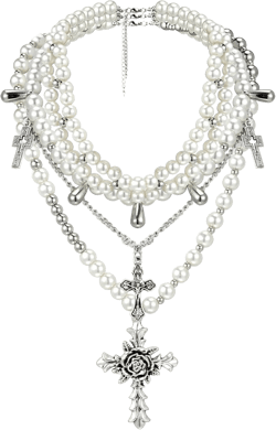 Tondiamo 3 Pcs Pearl Layered Gothic Cross Necklaces for Women - White Layered Statement Necklaces Y2k Choker with Rose Cross Pendant and Pearl Stacked Chain