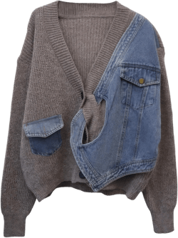 ebossy Womens Spliced Denim Knit Cardigan Trendy Open Front Button Up Oversized Loose Sweater Coat with Pockets Khaki One Size
