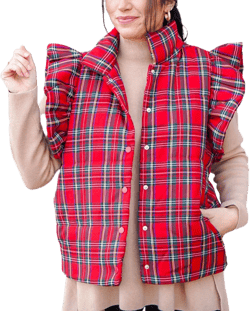 SOLILOQUY Women Christmas Plaid Quilted Vest Ruffle Sleevless High Neck Lightweight Puffer Waistcoat Vest Gingham Padded Coat