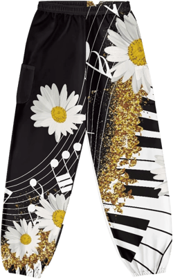Harem Pants Womens Sweatpants Loose Yoga Pants Stylish Kung Fu Pant Womens Sportswear 3X-Large Piano Key Daisy