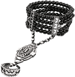 1920s Imitation Pearl Beaded Chain Flapper Bracelet Ring Retro Rhinestone Crystal Seeds Bracelet for Women Friend Bridal Vintage Wedding Jewelry Birthday Gift C black