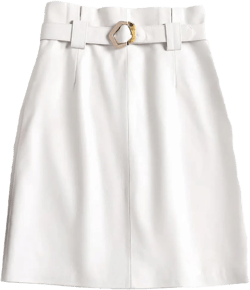 Women's 100% Sheepskin Leather Skirt Square Buckle Belt Versatile Elegant Midi Wrap Skirt Small White