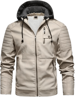 INVACHI Men's Faux Leather Jacket with Hood Vintage Bomber Waterproof PU Warm Jacket New-white Medium
