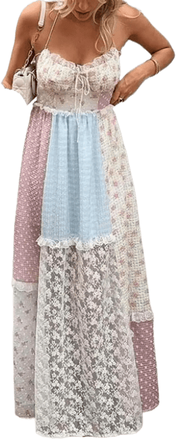 Women's Flowy Dresses Summer Elegant Print Lace Patchwork Long Dress Halter Backless Sleeveless Dress Small White