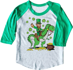 St. Patrick's Day Dinosaur Leprechaun Kids & Youth T-Shirt or 3/4 Sleeve Raglan Baseball Tee for Boys or Girls 2T White With Green Sleeves