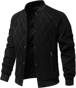 Mens Bomber Jackets Diamond Quilted Puffer Jacket Fall Winter Warm Padded Coats Rib Varsity Lightweight Coat Pockets XX-Large Black