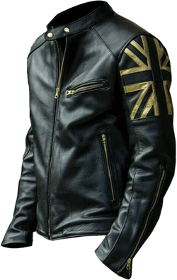 Men’s Brando British Flag Vintage Cafe Racer Union Jack UK Flag Motorcycle Biker Black Leather Jacket