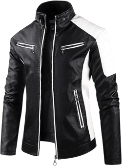 Men's Faux Leather Jackets Stand Collar Waterproof Cafe Racer Jacket Biker Riding Long Sleeve Coat Jacket for Men X-Large Black & White