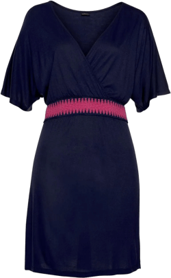 LASCANA Women's Wrap Look Sundress - Deep V-Neck, Elastic Waist, Side Slits, Summer Cover-up, Navy Blue/Pink