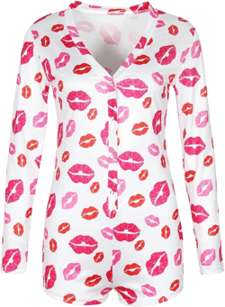Roselux Womens Sexy Deep V Neck One Piece Pajamas Onesie Bodycon Rompers Pjs Love Lips Print Red,L
