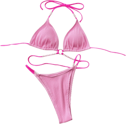 Sexy Bikini Sets for Women 2 Piece Ribbed Swimsuit Spaghetti Strap Bathing Suit Solid Color Swimwear Halter Beachwear Medium Pink