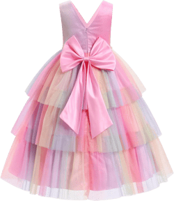 IDOPIP Flower Girls Tulle V-Neck Bowknot Dress for Kids Long A Line Wedding Pageant Dresses Princess Birthday Party Ball Gown 6-7 Years Pink Rainbow
