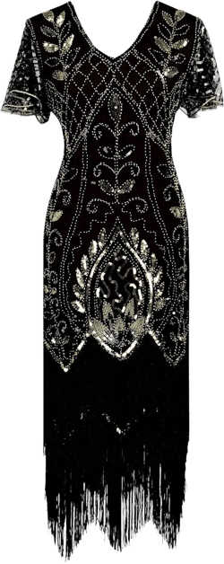 Women's 1920s Gatsby Inspired Sequin Beads Fringe Flapper Cocktail Roarings 20s Dress 8-10 Black Gold
