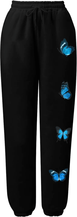 Women Butterfly Print Cinch Bottom Sweatpants Pockets High Waist Sporty Gym Athletic Fit Jogger Pants Lounge Trousers Black Small