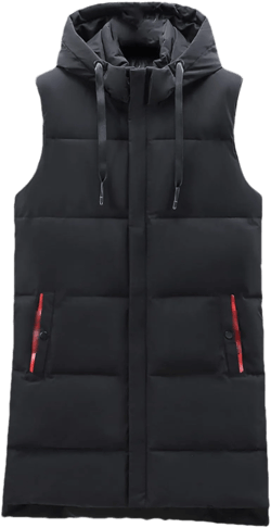SaoBiiu Autumn Winter Men Long Black Vest Hooded Thick Warm Cotton Padded Sleeveless Jacket X-Large Black