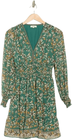 Women's Green Geometric Floral Print Smocked Waist Dress