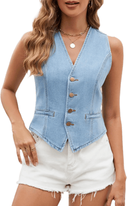 Ladyful Denim Vest Top for Women V Neck Jean Waistcoat Vest Button Down Sleeveless Denim Jacket Light Blue Large