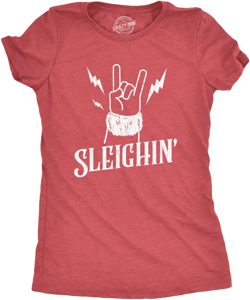 Womens Sleighin T Shirt Funny Santa Claus Christmas Rock And Roll Metal Fingers Graphic Tee - Crazy Dog Women's T Shirt Red L