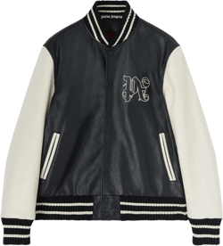 monogram-print leather varsity jacket